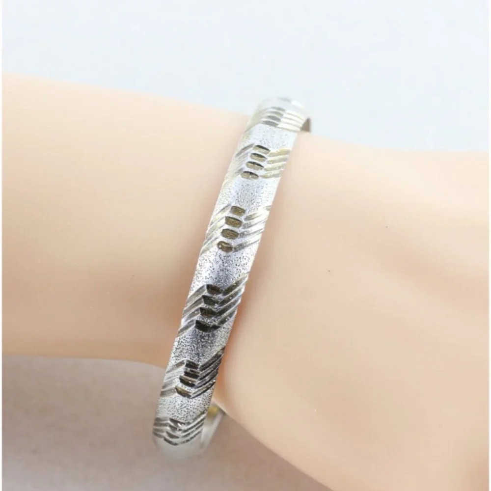 Sterling Silver Bangle Bracelet Etched Design 6 3/4 Inch